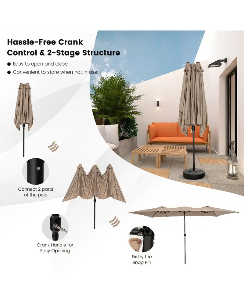 15 Feet Double-Sized Patio Umbrella with Crank Handle and Vented Tops-Brown - Brown - Outdoor Umbrellas