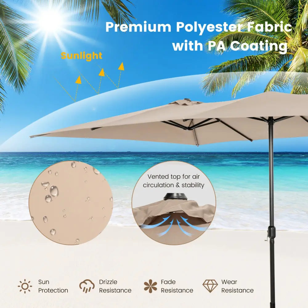 15 Feet Double-Sized Patio Umbrella with Crank Handle and Vented Tops-Brown - Brown - Outdoor Umbrellas