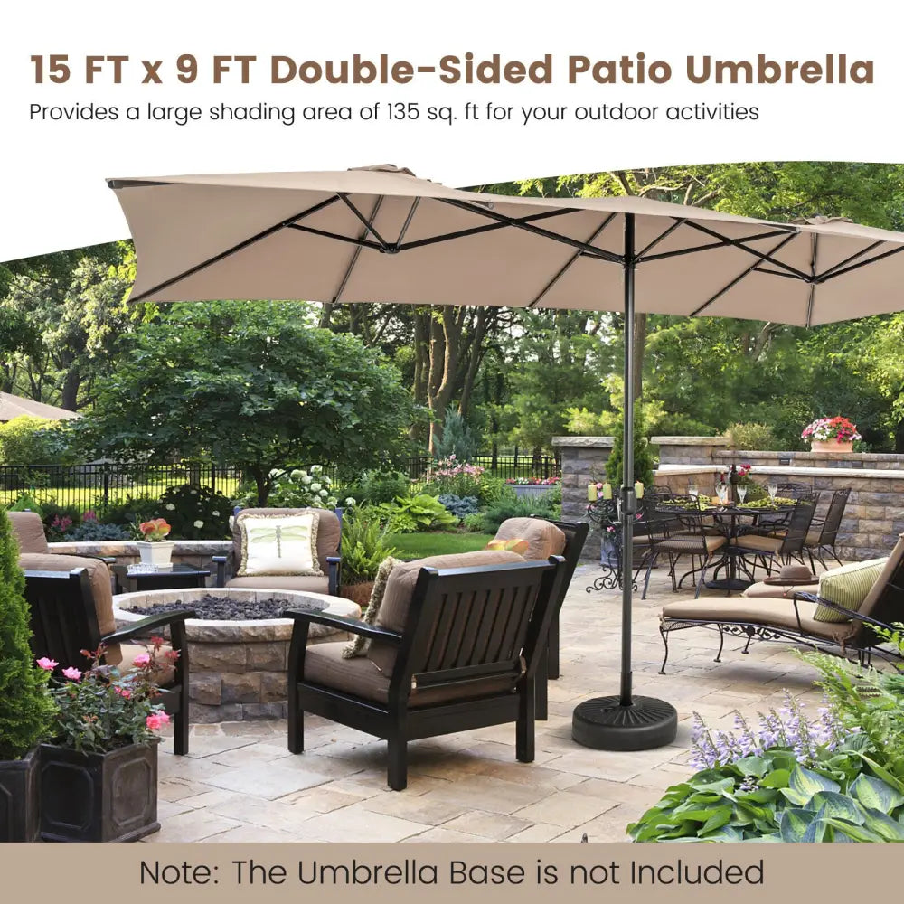 15 Feet Double-Sized Patio Umbrella with Crank Handle and Vented Tops-Brown - Brown - Outdoor Umbrellas