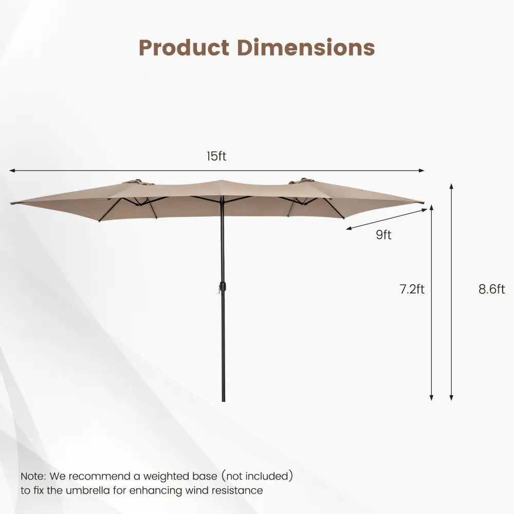 15 Feet Double-Sized Patio Umbrella with Crank Handle and Vented Tops-Brown - Brown - Outdoor Umbrellas