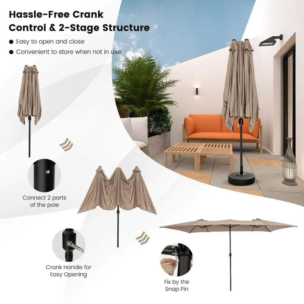 15 Feet Double-Sized Patio Umbrella with Crank Handle and Vented Tops-Brown - Brown - Outdoor Umbrellas