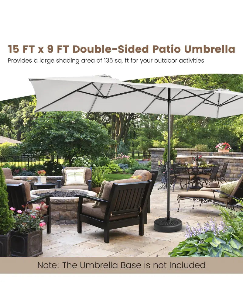 15 Feet Double-Sized Patio Umbrella with Crank Handle and Vented Tops-Beige - Beige - Outdoor Umbrellas