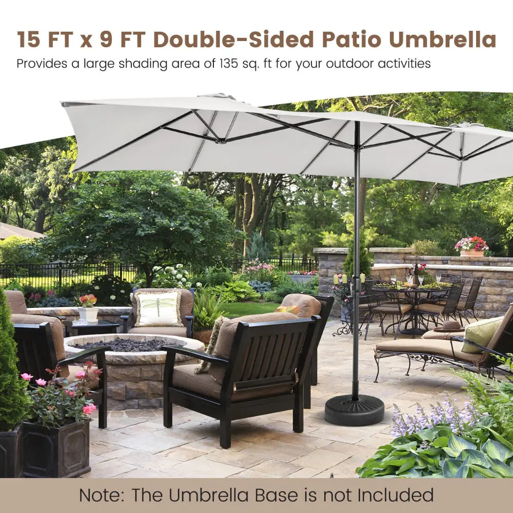 15 Feet Double-Sized Patio Umbrella with Crank Handle and Vented Tops-Beige - Beige - Outdoor Umbrellas