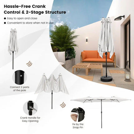 15 Feet Double-Sized Patio Umbrella with Crank Handle and Vented Tops-Beige - Beige - Outdoor Umbrellas