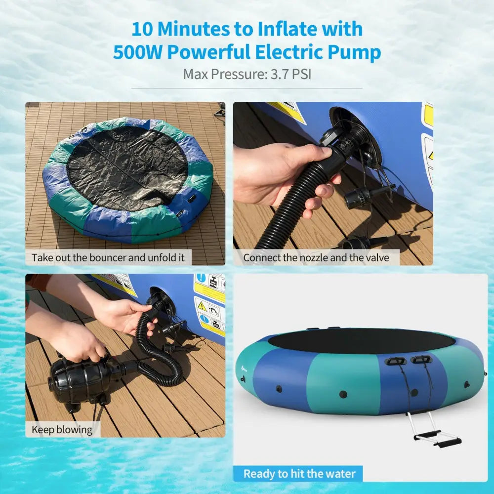 15 Feet Inflatable Splash Padded Water Bouncer Trampoline-Blue - Blue - Trampolines