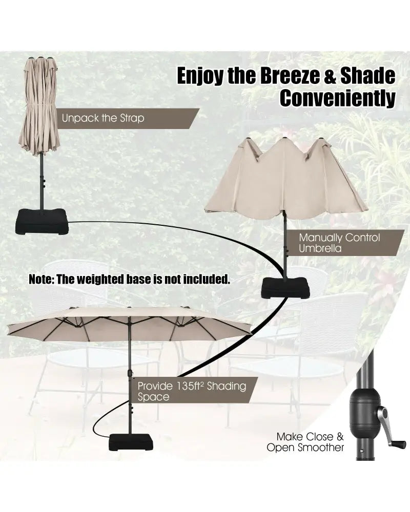 15 Feet Patio Double-Sided Umbrella with Hand-Crank System-Beige - Beige - Outdoor Umbrellas