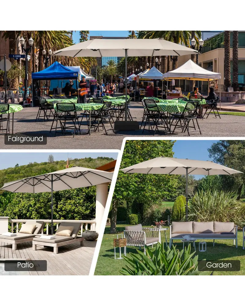 15 Feet Patio Double-Sided Umbrella with Hand-Crank System-Beige - Beige - Outdoor Umbrellas