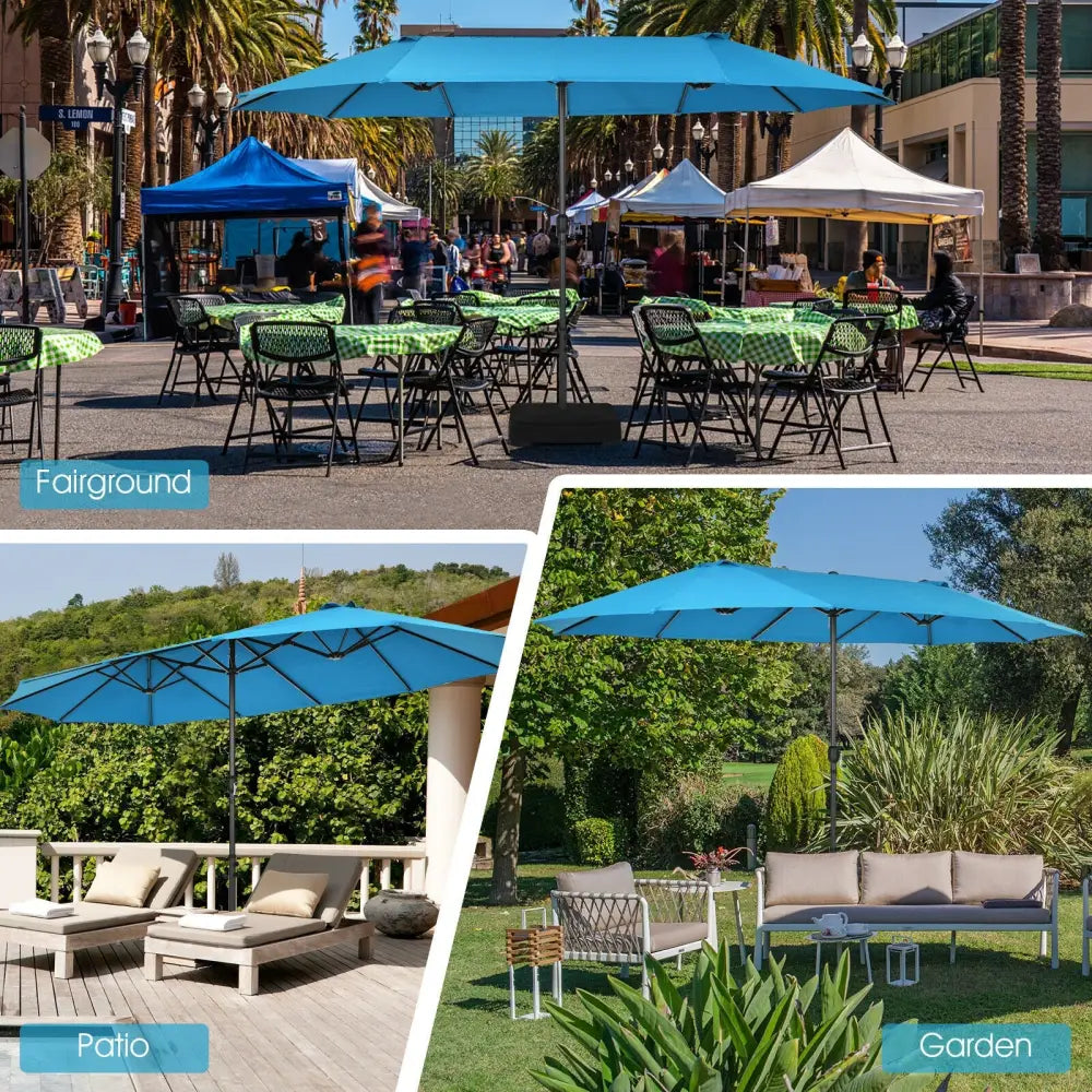 15 Feet Patio Double-Sided Umbrella with Hand-Crank System-Blue - Blue - Outdoor Umbrellas