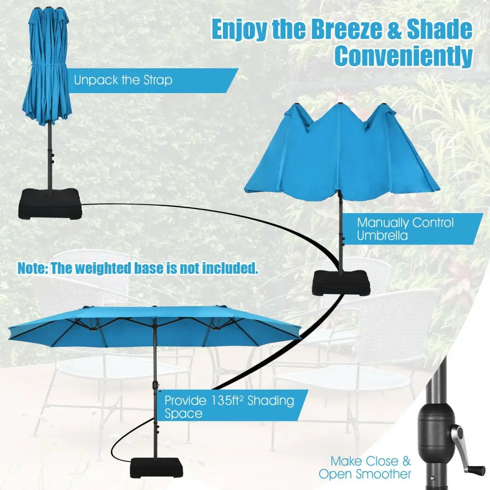 15 Feet Patio Double-Sided Umbrella with Hand-Crank System-Blue - Blue - Outdoor Umbrellas