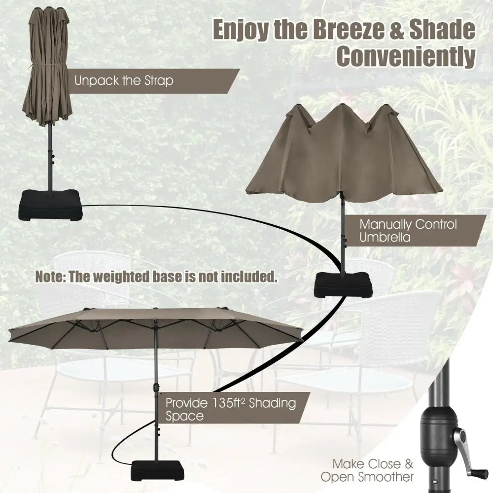 15 Feet Patio Double-Sided Umbrella with Hand-Crank System-Brown - Brown - Outdoor Umbrellas