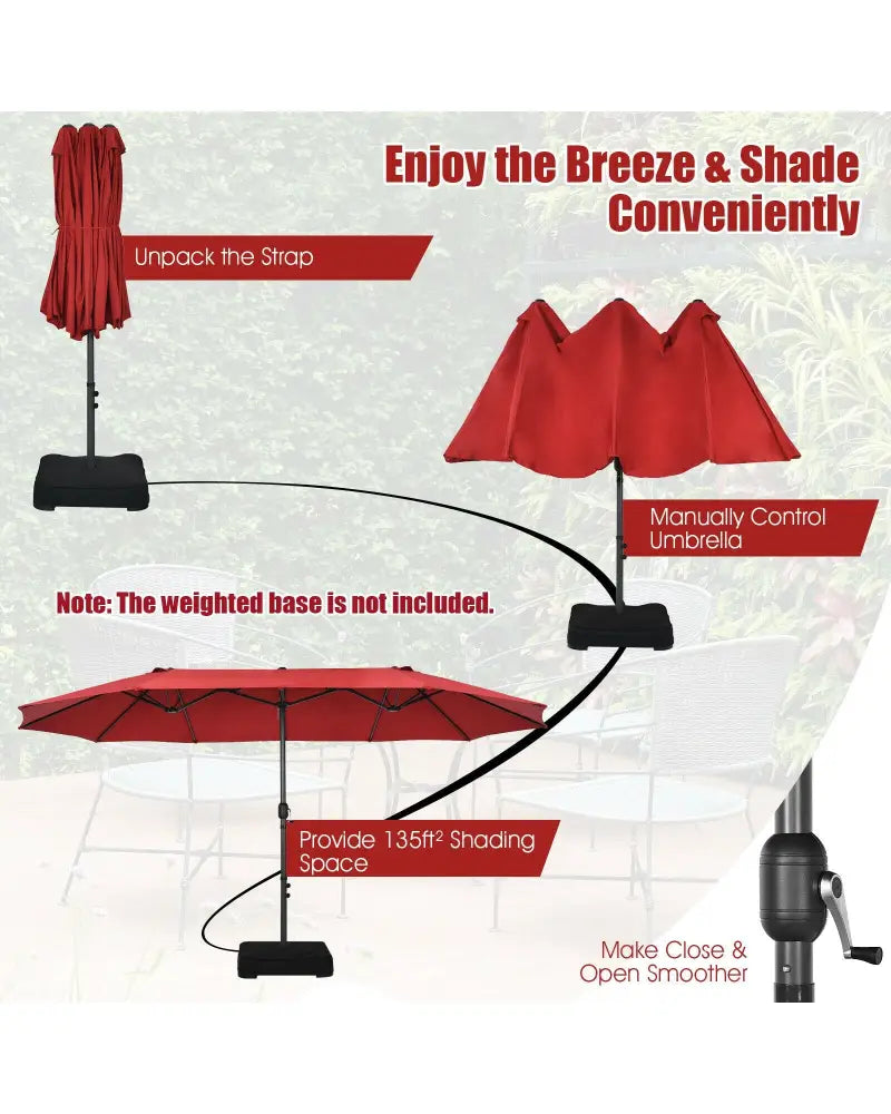 15 Feet Patio Double-Sided Umbrella with Hand-Crank System-Dark Red - Dark Red - Outdoor Umbrellas