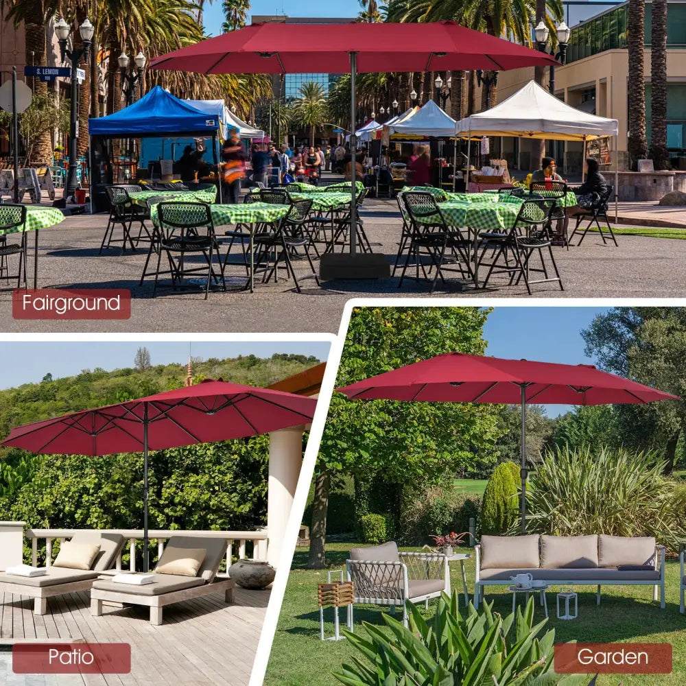 15 Feet Patio Double-Sided Umbrella with Hand-Crank System-Dark Red - Dark Red - Outdoor Umbrellas