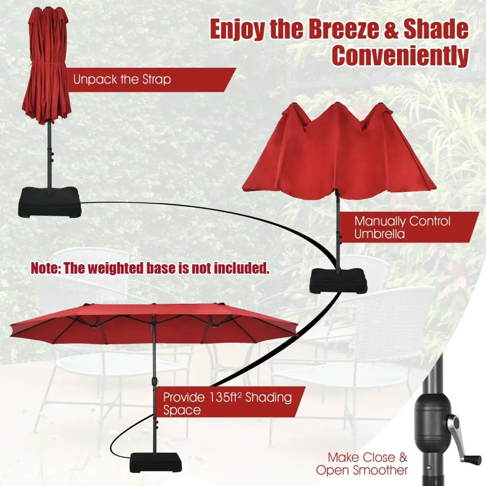 15 Feet Patio Double-Sided Umbrella with Hand-Crank System-Dark Red - Dark Red - Outdoor Umbrellas