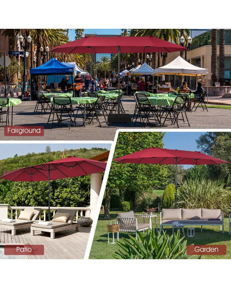 15 Feet Patio Double-Sided Umbrella with Hand-Crank System-Dark Red - Dark Red - Outdoor Umbrellas