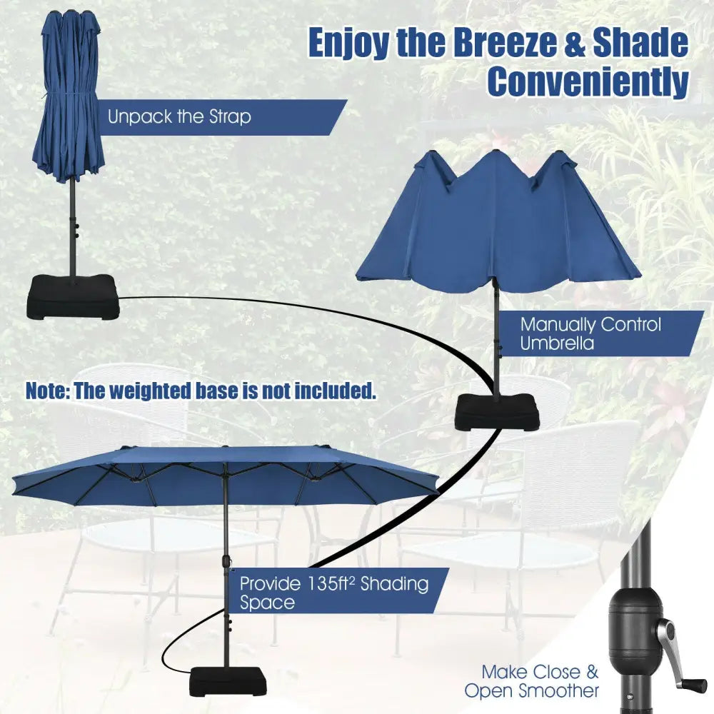 15 Feet Patio Double-Sided Umbrella with Hand-Crank System-Navy - Navy - Outdoor Umbrellas