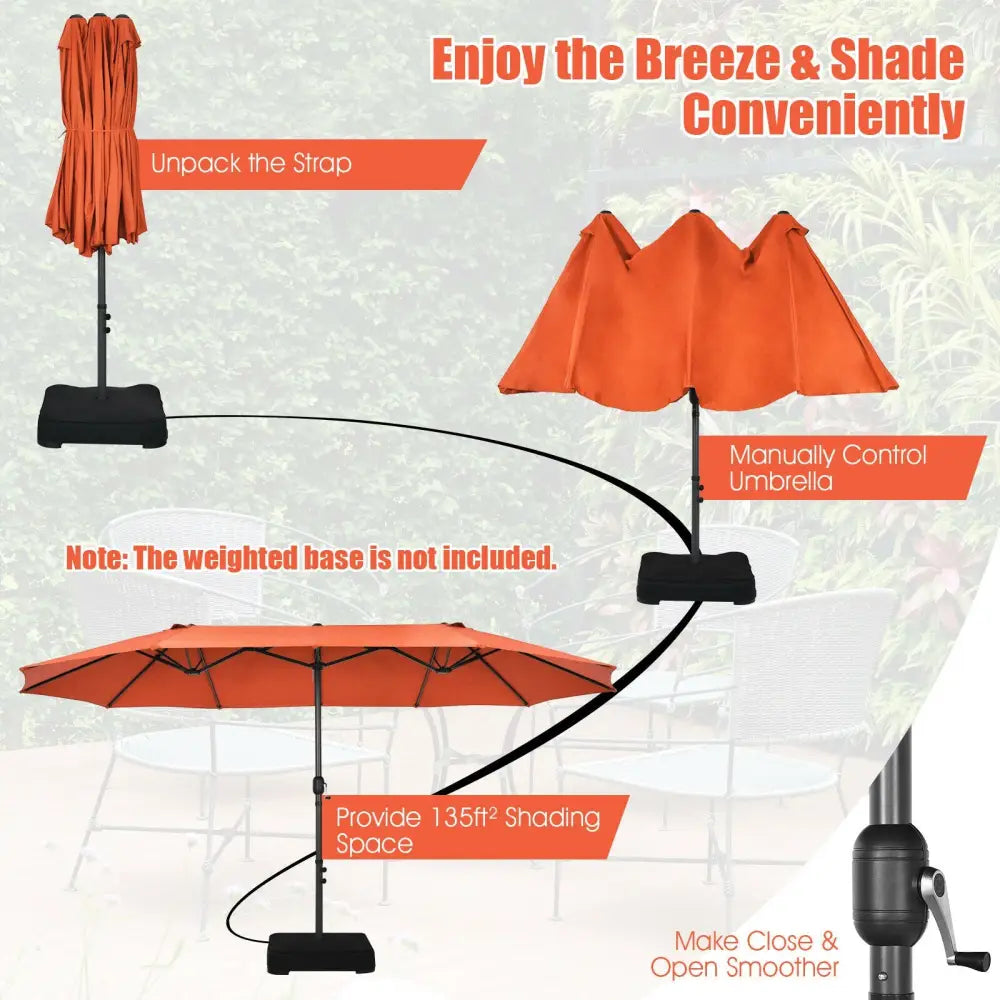 15 Feet Patio Double-Sided Umbrella with Hand-Crank System-Orange - Orange - Outdoor Umbrellas