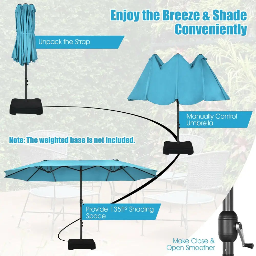 15 Feet Patio Double-Sided Umbrella with Hand-Crank System-Turquoise - Turquoise - Outdoor Umbrellas