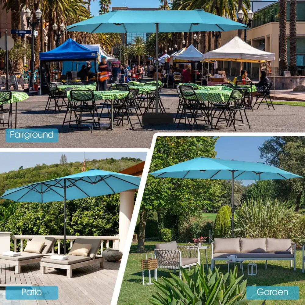15 Feet Patio Double-Sided Umbrella with Hand-Crank System-Turquoise - Turquoise - Outdoor Umbrellas