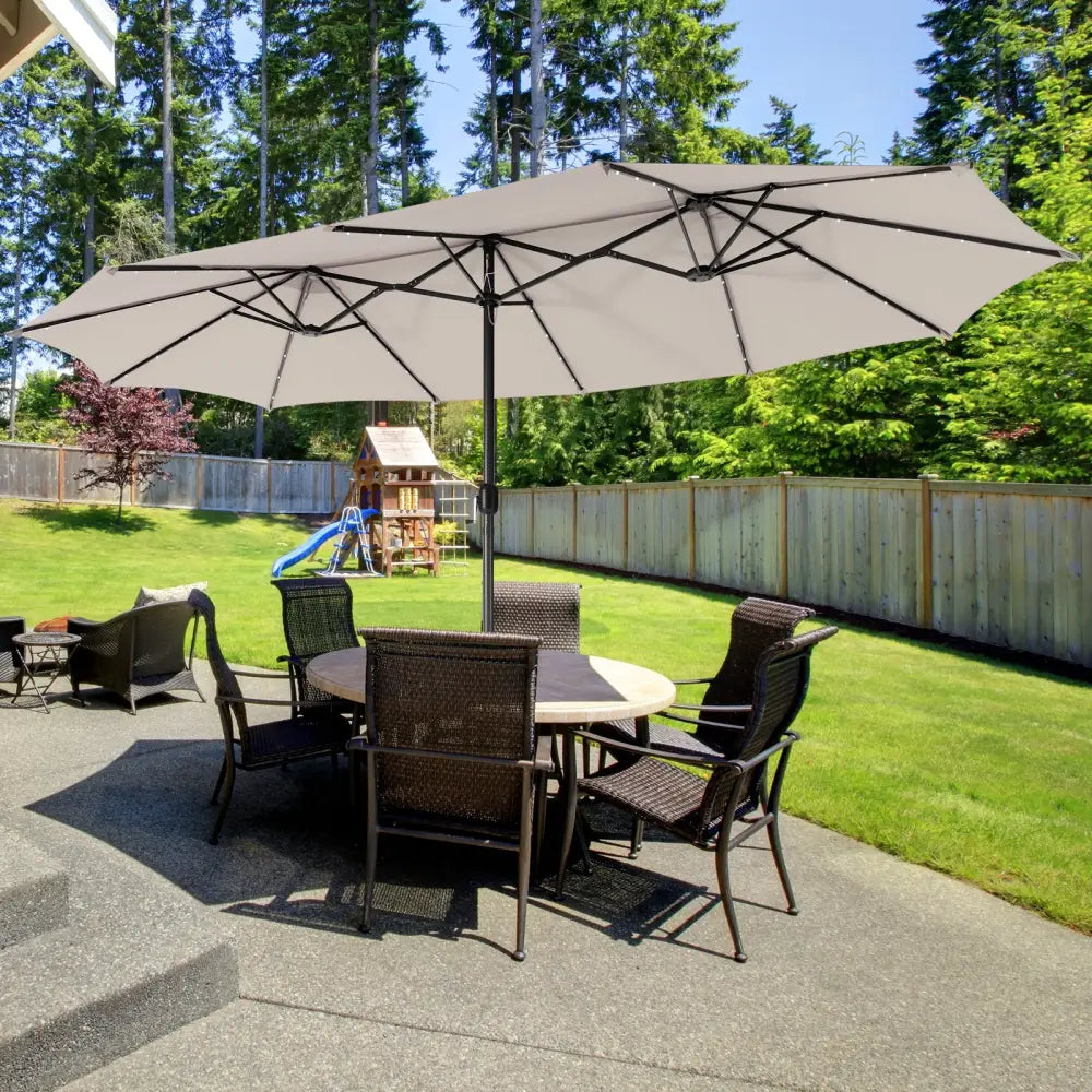 15 Feet Twin Patio Umbrella with 48 Solar LED Lights-Beige - Beige - Outdoor Umbrellas