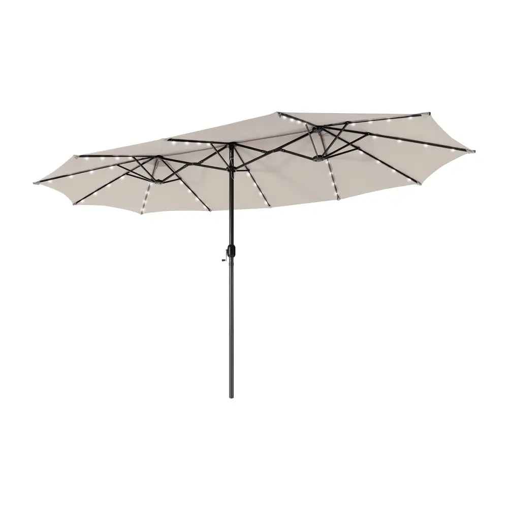 15 Feet Twin Patio Umbrella with 48 Solar LED Lights-Beige - Beige - Outdoor Umbrellas