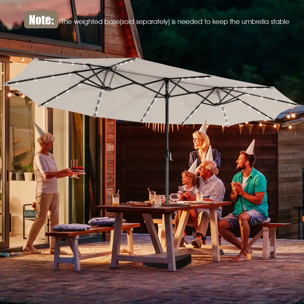 15 Feet Twin Patio Umbrella with 48 Solar LED Lights-Beige - Beige - Outdoor Umbrellas