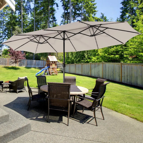 15 Feet Twin Patio Umbrella with 48 Solar LED Lights-Beige - Beige - Outdoor Umbrellas