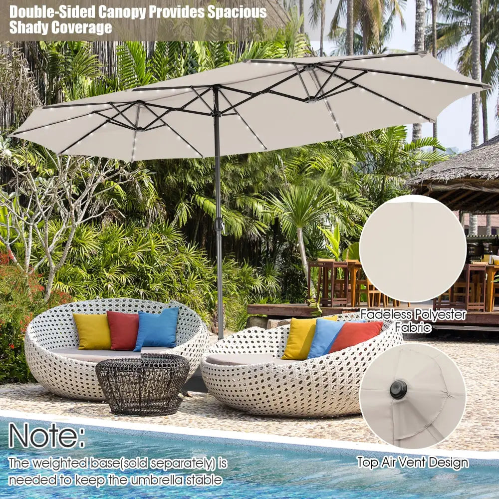 15 Feet Twin Patio Umbrella with 48 Solar LED Lights-Beige - Beige - Outdoor Umbrellas