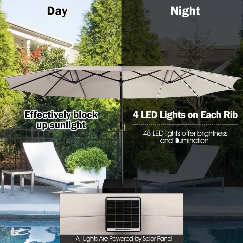 15 Feet Twin Patio Umbrella with 48 Solar LED Lights-Beige - Beige - Outdoor Umbrellas