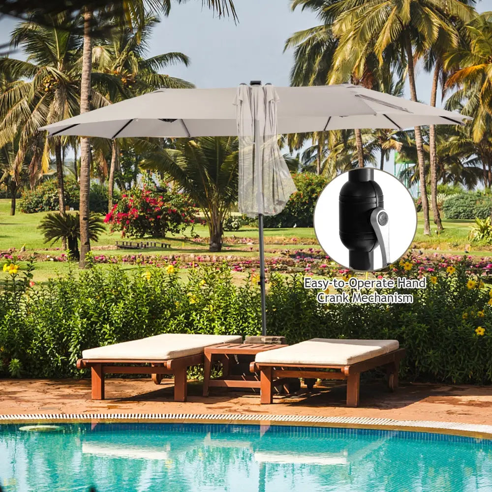 15 Feet Twin Patio Umbrella with 48 Solar LED Lights-Beige - Beige - Outdoor Umbrellas