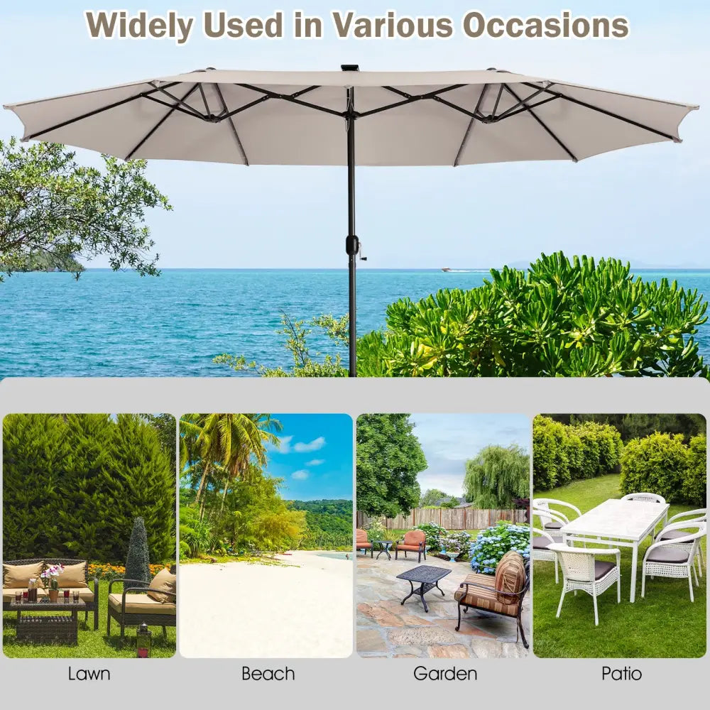 15 Feet Twin Patio Umbrella with 48 Solar LED Lights-Beige - Beige - Outdoor Umbrellas