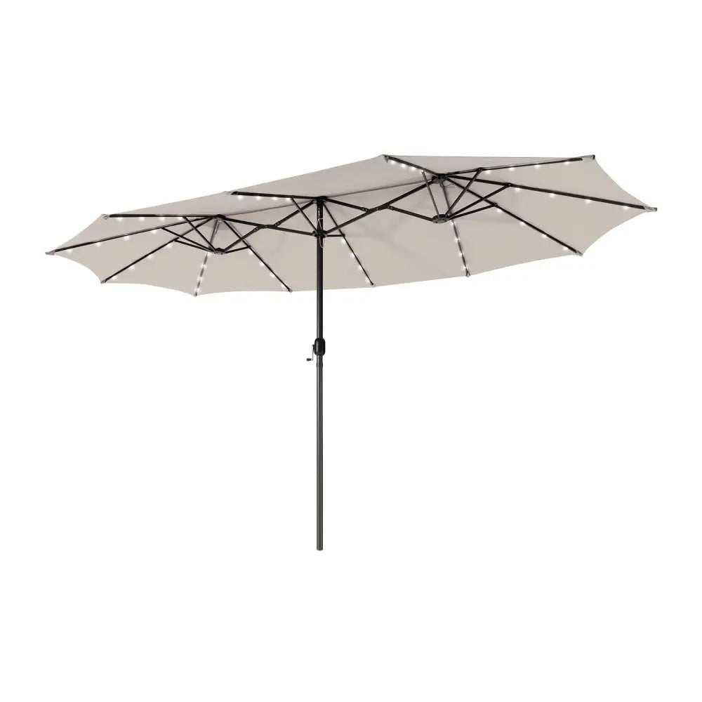 15 Feet Twin Patio Umbrella with 48 Solar LED Lights-Beige - Beige - Outdoor Umbrellas