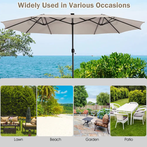 15 Feet Twin Patio Umbrella with 48 Solar LED Lights-Beige - Beige - Outdoor Umbrellas