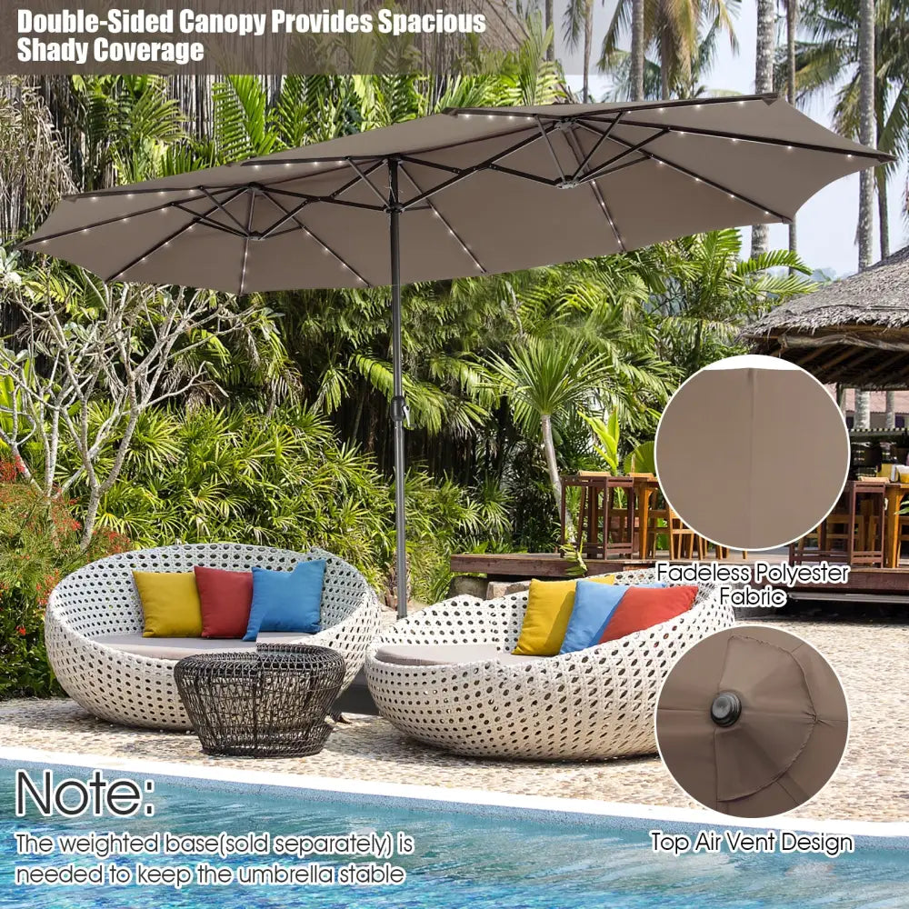 15 Feet Twin Patio Umbrella with 48 Solar LED Lights-Coffee - Light Brown - Outdoor Umbrellas