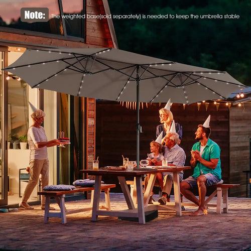 15 Feet Twin Patio Umbrella with 48 Solar LED Lights-Coffee - Light Brown - Outdoor Umbrellas