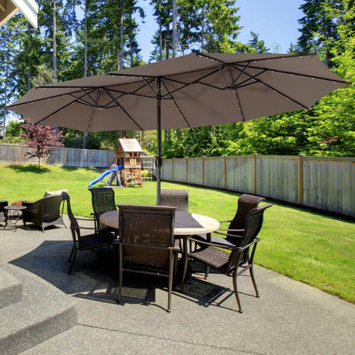 15 Feet Twin Patio Umbrella with 48 Solar LED Lights-Coffee - Light Brown - Outdoor Umbrellas