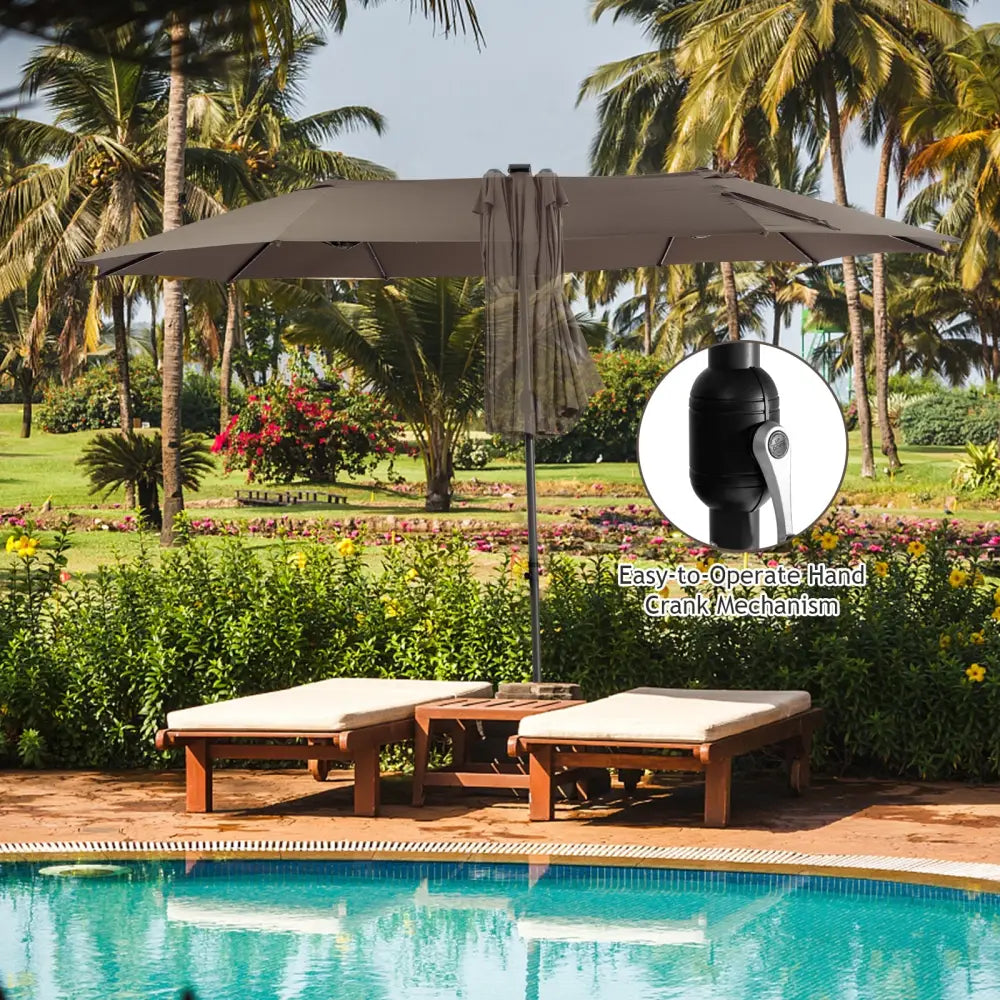 15 Feet Twin Patio Umbrella with 48 Solar LED Lights-Coffee - Light Brown - Outdoor Umbrellas