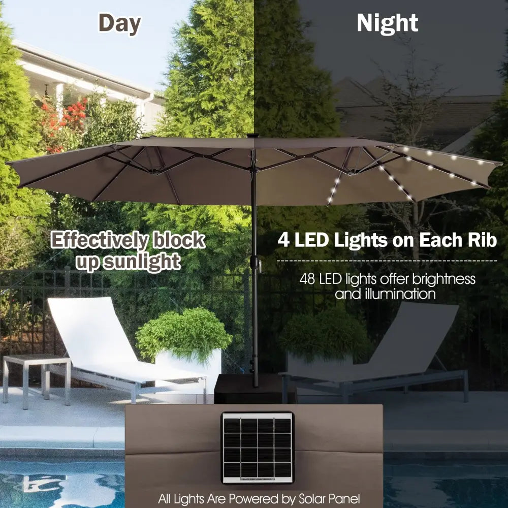 15 Feet Twin Patio Umbrella with 48 Solar LED Lights-Coffee - Light Brown - Outdoor Umbrellas