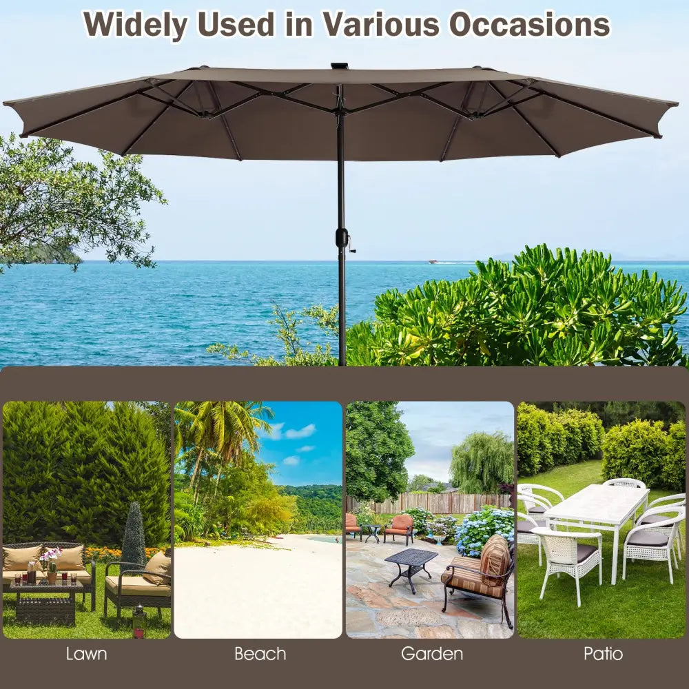 15 Feet Twin Patio Umbrella with 48 Solar LED Lights-Coffee - Light Brown - Outdoor Umbrellas