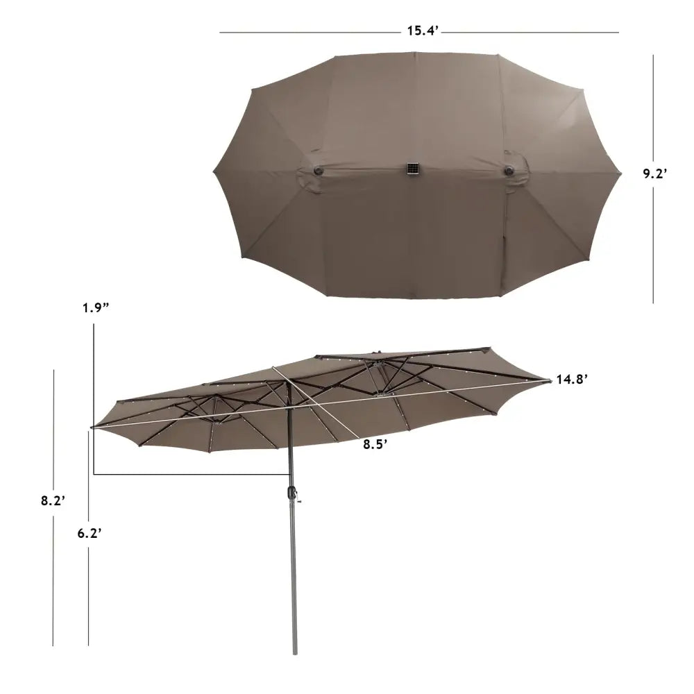 15 Feet Twin Patio Umbrella with 48 Solar LED Lights-Coffee - Light Brown - Outdoor Umbrellas