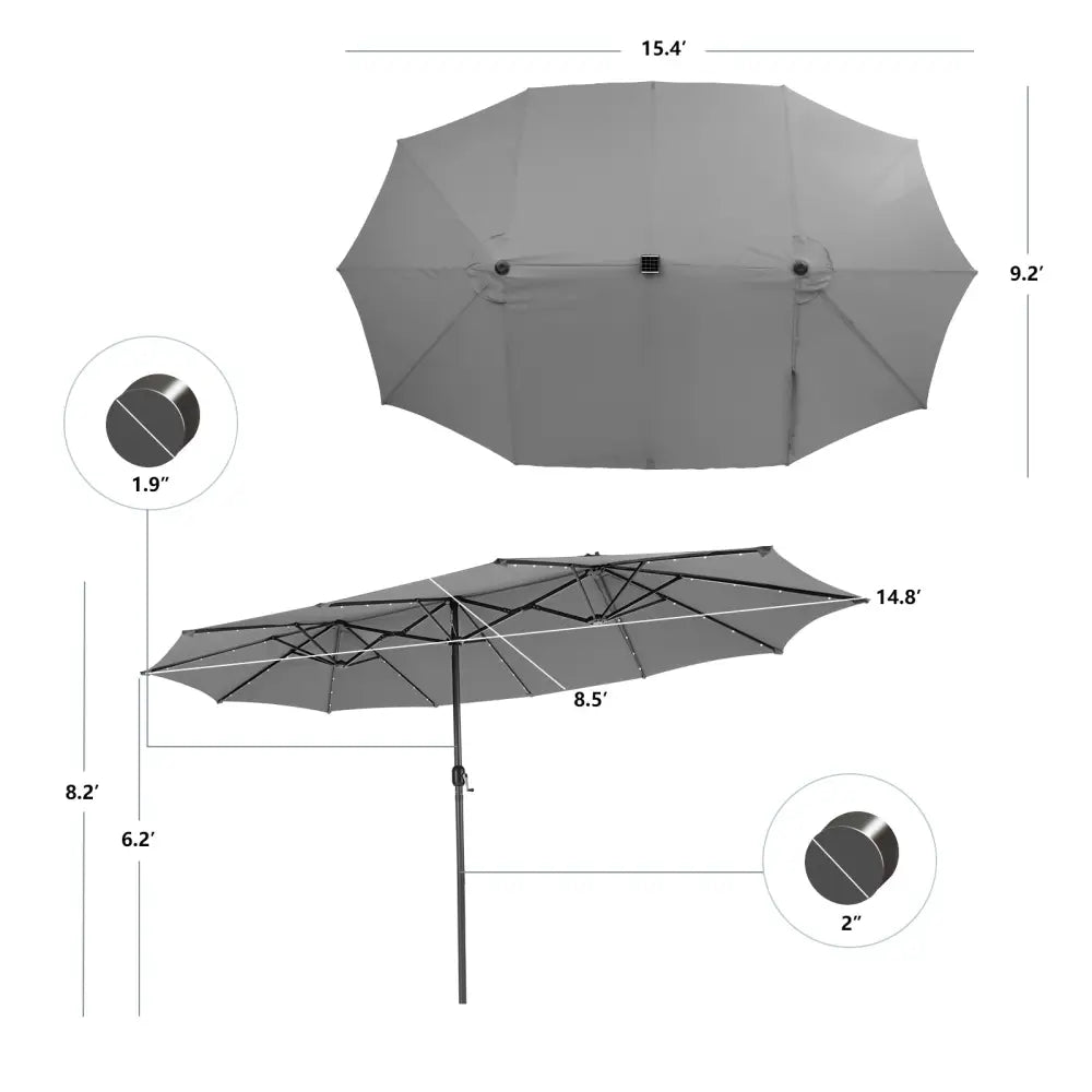 15 Feet Twin Patio Umbrella with 48 Solar LED Lights-Gray - Gray - Outdoor Umbrellas
