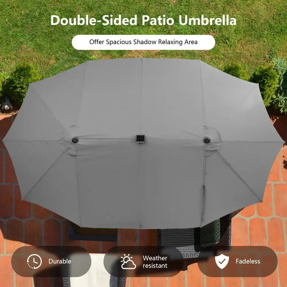 15 Feet Twin Patio Umbrella with 48 Solar LED Lights-Gray - Gray - Outdoor Umbrellas