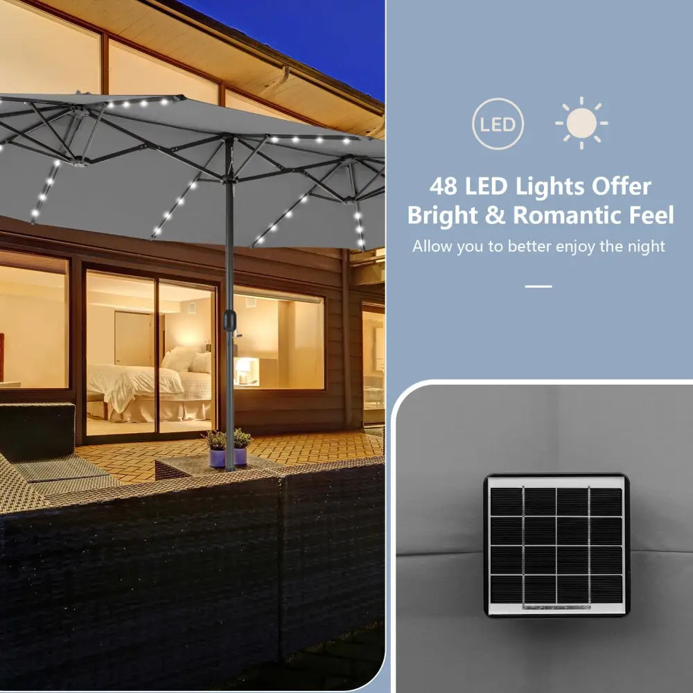 15 Feet Twin Patio Umbrella with 48 Solar LED Lights-Gray - Gray - Outdoor Umbrellas