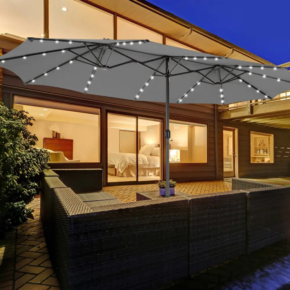 15 Feet Twin Patio Umbrella with 48 Solar LED Lights-Gray - Gray - Outdoor Umbrellas