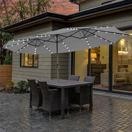 15 Feet Twin Patio Umbrella with 48 Solar LED Lights-Gray - Gray - Outdoor Umbrellas