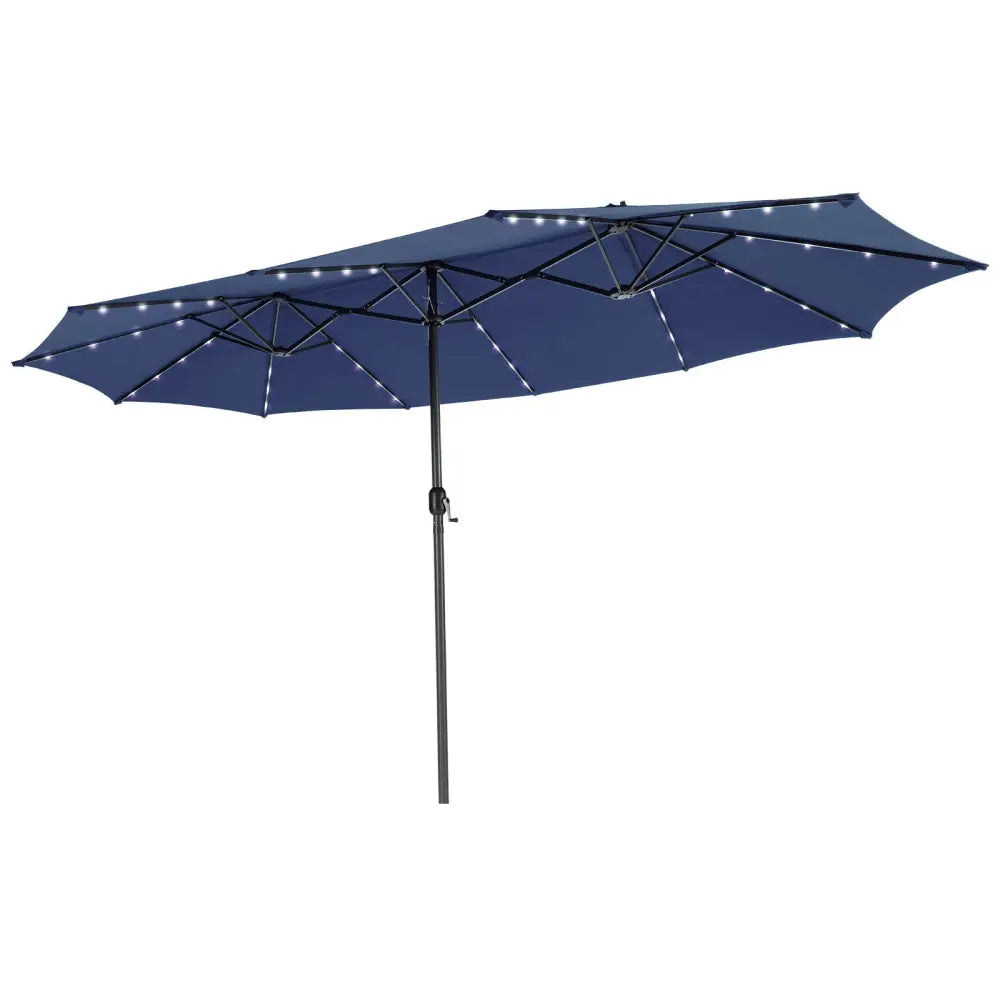 15 Feet Twin Patio Umbrella with 48 Solar LED Lights-Navy - Navy - Outdoor Umbrellas