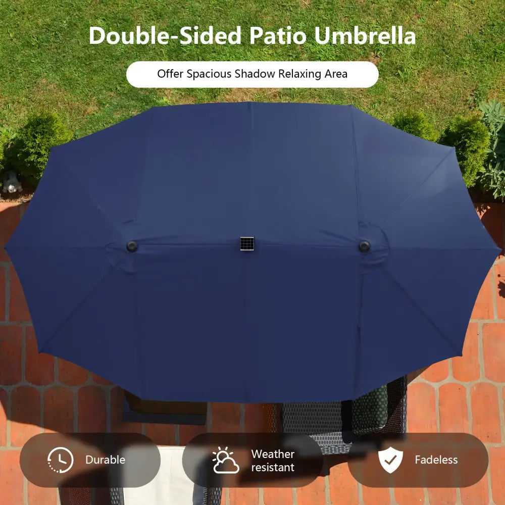 15 Feet Twin Patio Umbrella with 48 Solar LED Lights-Navy - Navy - Outdoor Umbrellas