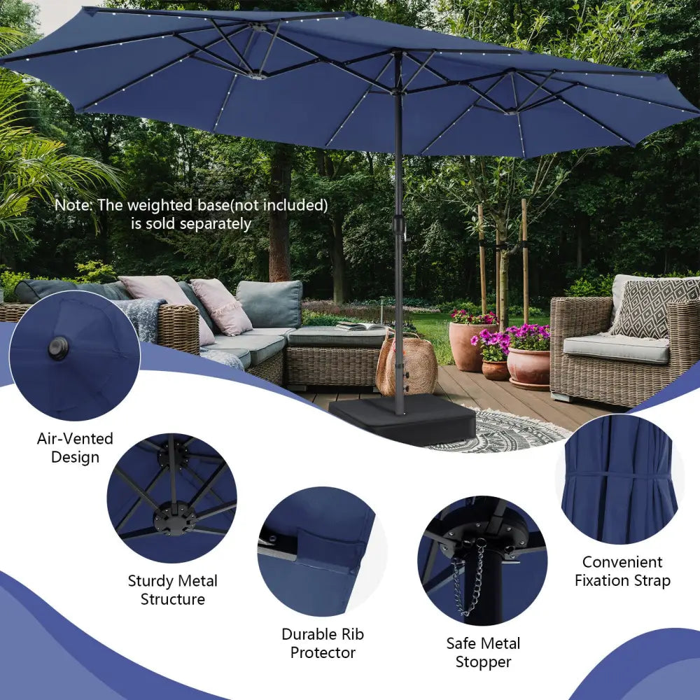 15 Feet Twin Patio Umbrella with 48 Solar LED Lights-Navy - Navy - Outdoor Umbrellas