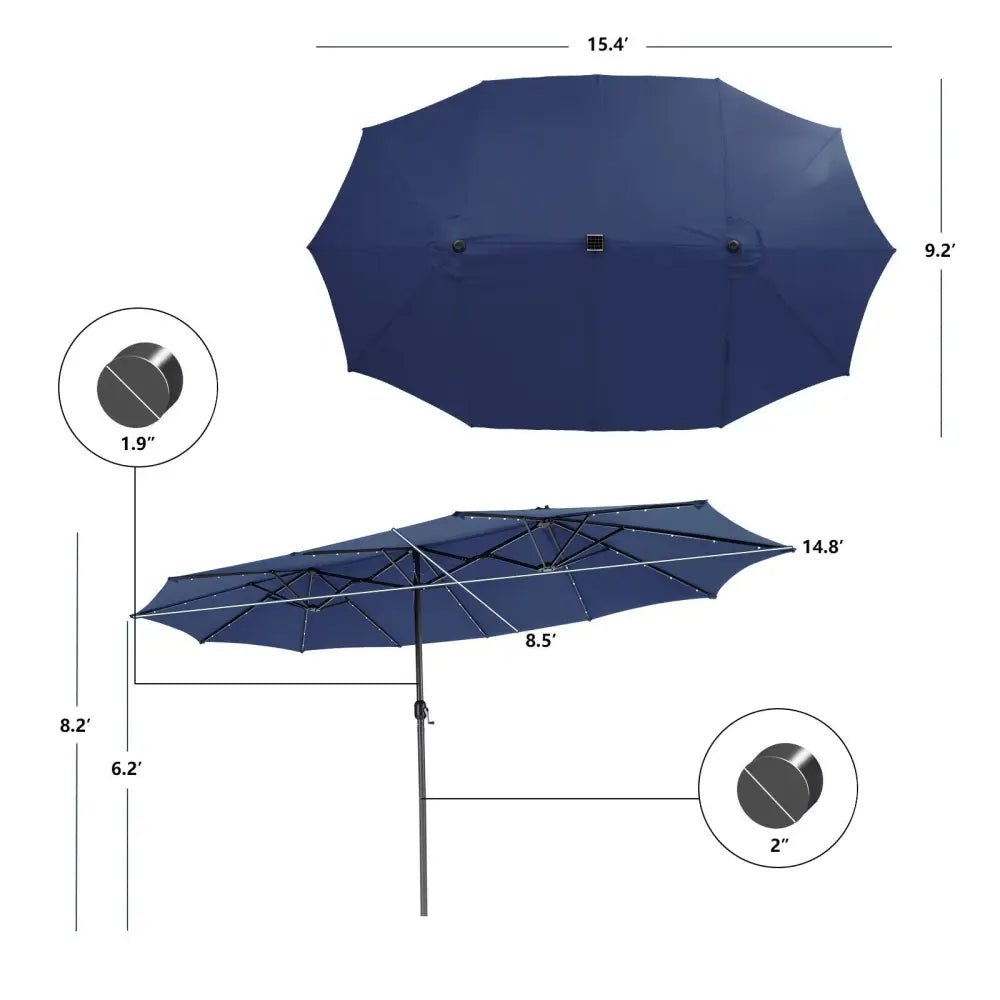 15 Feet Twin Patio Umbrella with 48 Solar LED Lights-Navy - Navy - Outdoor Umbrellas