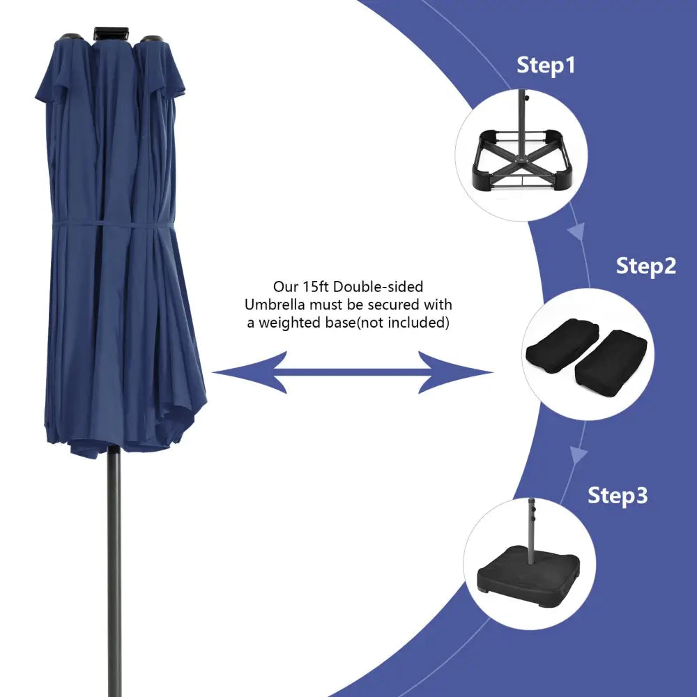 15 Feet Twin Patio Umbrella with 48 Solar LED Lights-Navy - Navy - Outdoor Umbrellas