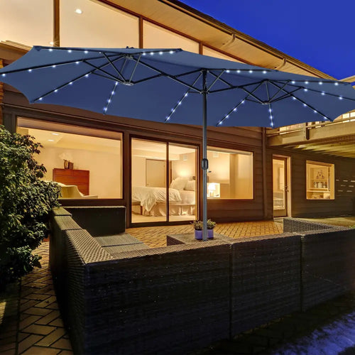 15 Feet Twin Patio Umbrella with 48 Solar LED Lights-Navy - Navy - Outdoor Umbrellas